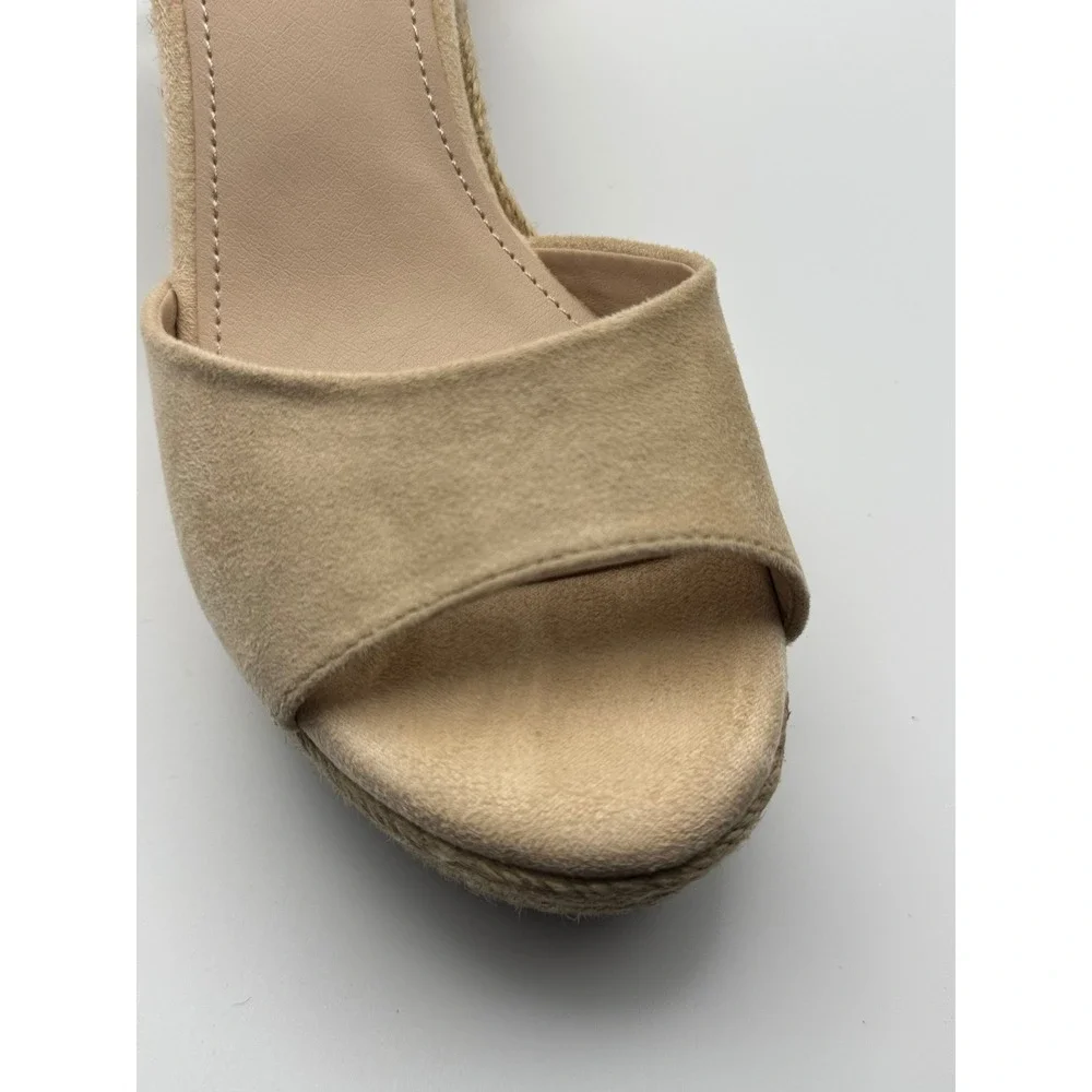 ZBY Womens Tan Faux Suede Lace Up Espadrille Wedge Sandals Size 8 Open Toe Boho